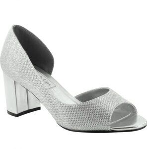Benjamin Walk SZ 10.5 W Joy Silver Glitter Slip on Peep Toe Block Heel Pump